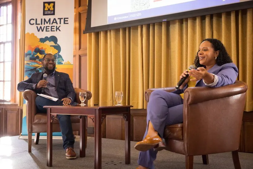 Diana Hernández, associate professor at Columbia University, and University of Michigan School for Environment and Sustainability Associate Professor Tony Reames sat down for a fireside chat during the University of Michigan's inaugural Climate Week. Before the fireside chat, Hernández gave a talk about her work, which is focused on building a more equitable energy system.