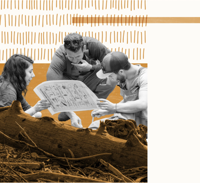 Three people collaborate around a large technical drawing or blueprint spread on a table. A woman with long dark hair sits on the left, while two men lean in from the center and right to examine the detailed plans together. The scene appears to be at a construction or project site, with natural materials like wood and rope visible in the foreground. The image has a stylized design treatment with geometric orange and cream colored shapes overlaying the black-and-white photograph.