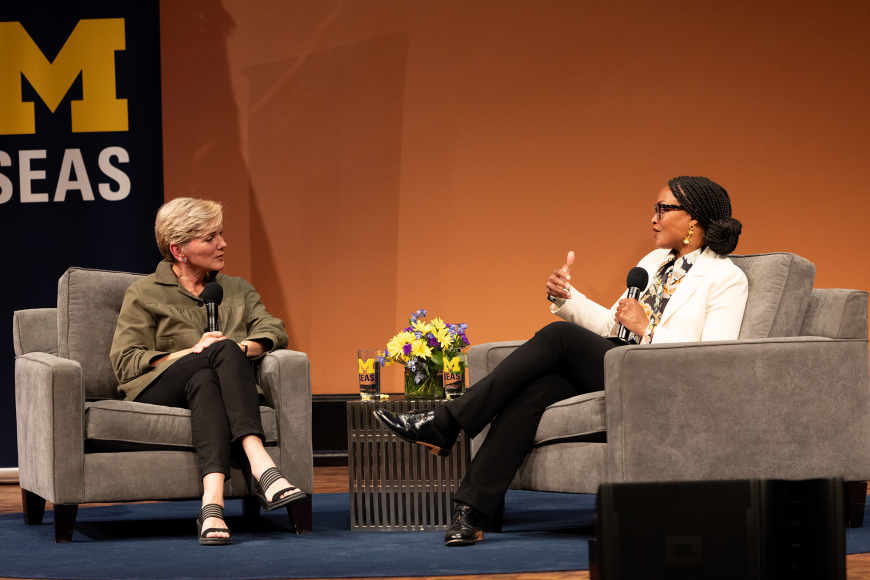 Jennifer Granholm, left, former U.S. Energy Secretary and governor of Michigan, takes a question from Shalanda Baker, U-M’s inaugural vice provost for sustainability and climate action, during the 23rd annual Wege Lecture on Sept. 30. 